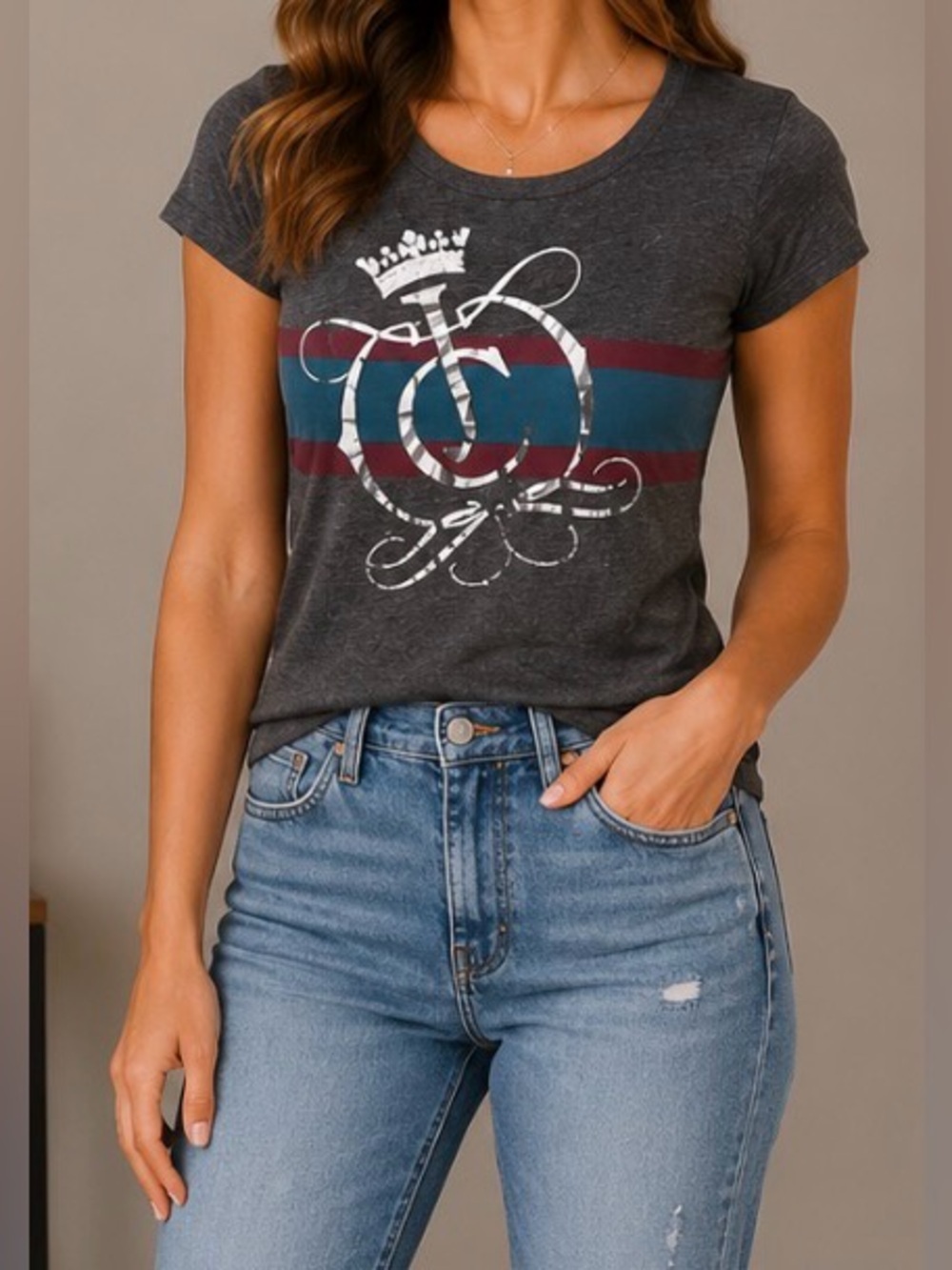 Vintage Juicy Couture Shirt Top Tshirt Gray Graphic Logo Crown Small Y2K Soft